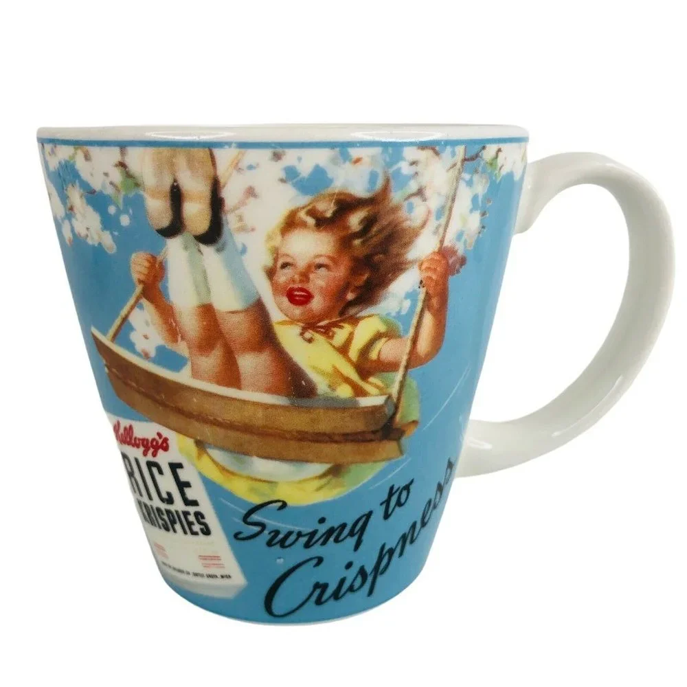 Kelloggs Vintage Rice Krispies Plate & Mug Set Ceramic Cereal 2005 Girl on Swing
